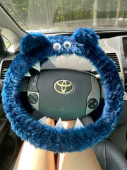 Fuzzy Monster car steering wheel cover Plain faux fur choice of colour Navy Blue