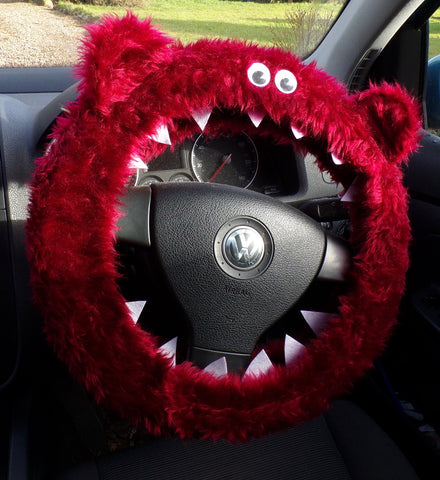 Burgundy Red Monster fuzzy faux fur steering wheel cover