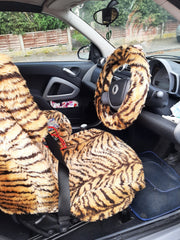Gold Tiger stripe fuzzy faux fur car steering wheel cover
