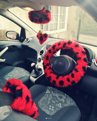 ladybird spot fuzzy faux fur car steering wheel cover