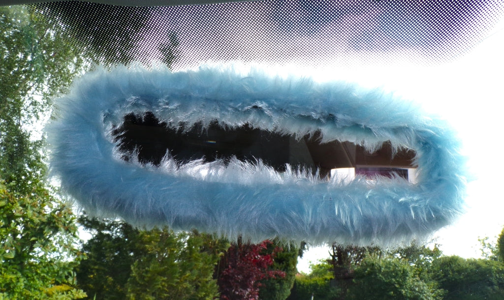 Pretty faux fur Baby Blue rear view interior car mirror cover