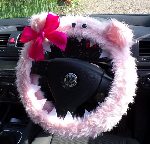 Baby pink faux fur Monster car steering wheel cover with pink bow