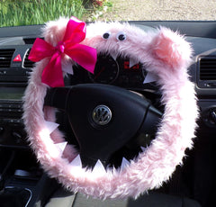 Baby pink faux fur Monster car steering wheel cover with pink bow