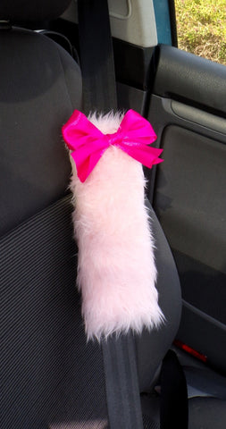 Baby pink fuzzy car seatbelt pads with Hot Pink satin bows 1 pair