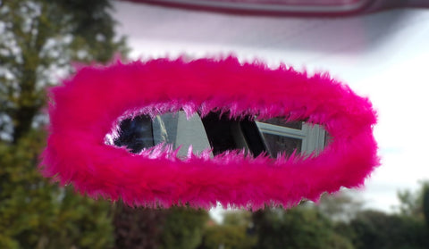 Barbie pink faux fur fuzzy rear view interior car mirror cover