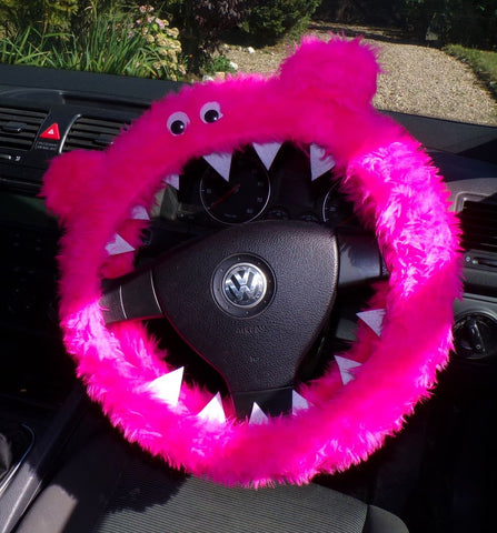 Barbie Pink fuzzy Monster car steering wheel cover