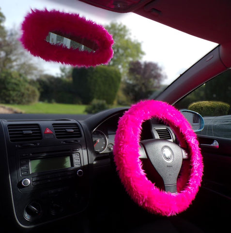 Barbie Pink fuzzy steering wheel cover with cute matching rear view mirror cover