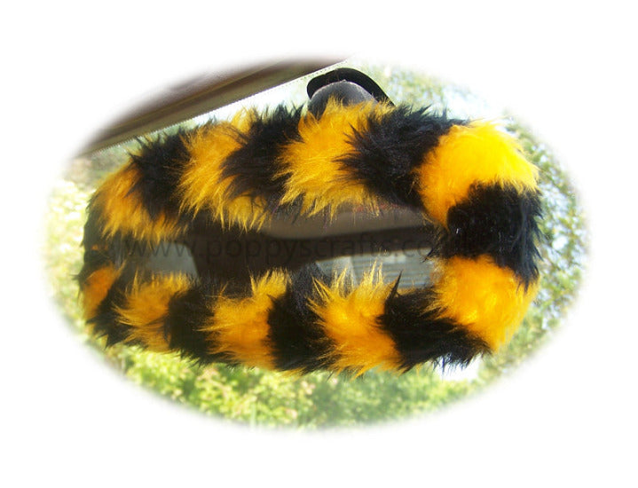 Fuzzy faux fur rear view interior car mirror cover in choice of print Bee