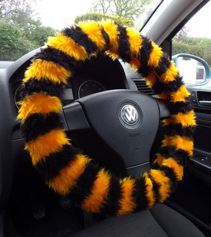 Busy Bumble Bee striped fuzzy faux fur car steering wheel cover