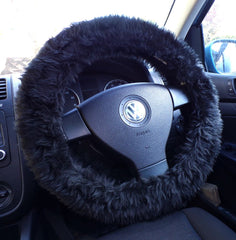 Black fuzzy faux fur car steering wheel cover