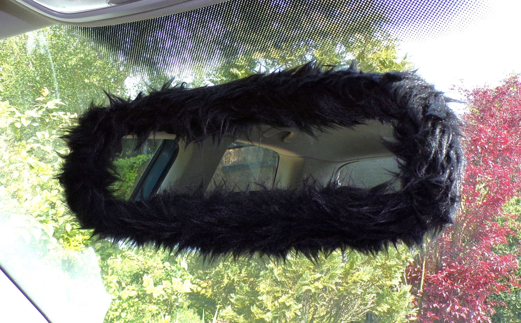 Black faux fur rear view interior car mirror cover