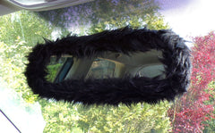 Black faux fur rear view interior car mirror cover