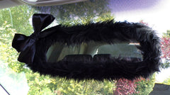 Cute fuzzy Black rear view mirror cover faux fur with black satin bow