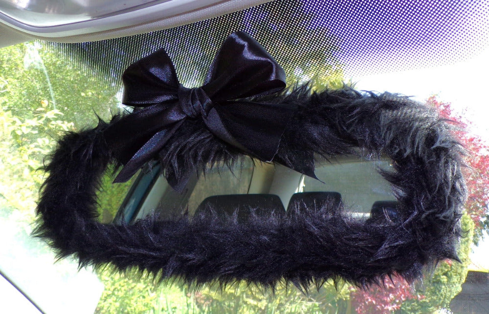 Cute fuzzy Black rear view mirror cover faux fur with black satin bow