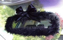 Cute fuzzy Black rear view mirror cover faux fur with black satin bow