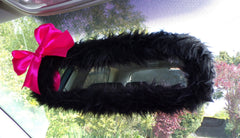 fuzzy Black rear view mirror cover faux fur with Pink satin bow