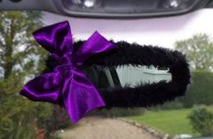 Black fluffy faux fur car mirror cover with purple satin bow