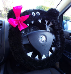 Fuzzy Black faux fur monster car steering wheel cover with cute pink bow