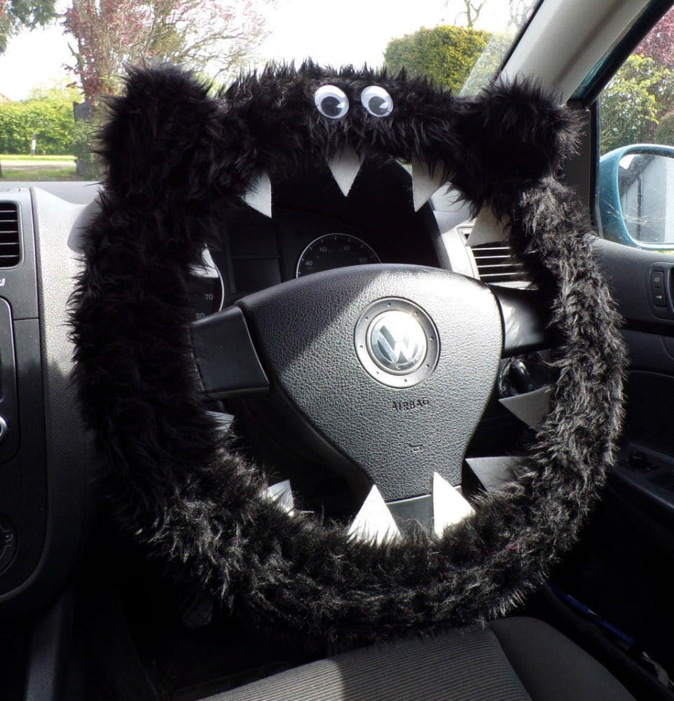 Fuzzy Monster car steering wheel cover Plain faux fur choice of colour Black