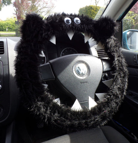 Black faux fur fuzzy Monster car steering wheel cover