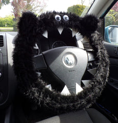 Fuzzy Monster car steering wheel cover Plain faux fur choice of colour Black
