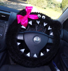 Fuzzy Black faux fur monster car steering wheel cover with cute pink bow