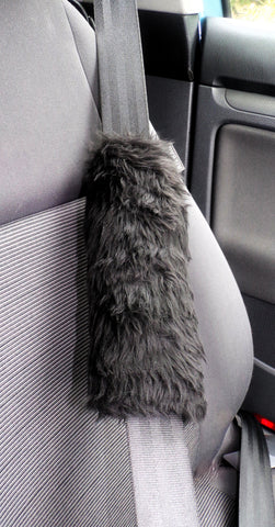 Fuzzy faux fur plain Black car seatbelt pads