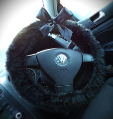 Black fluffy faux fur car steering wheel cover with Black satin Bow