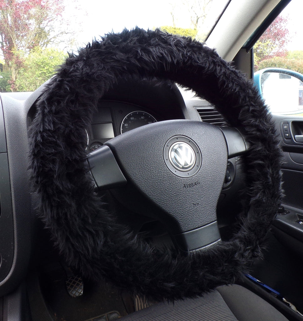 Black fuzzy faux fur car steering wheel cover