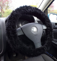 Black fuzzy faux fur car steering wheel cover