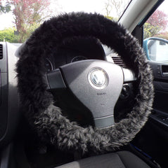 Black fuzzy faux fur car steering wheel cover