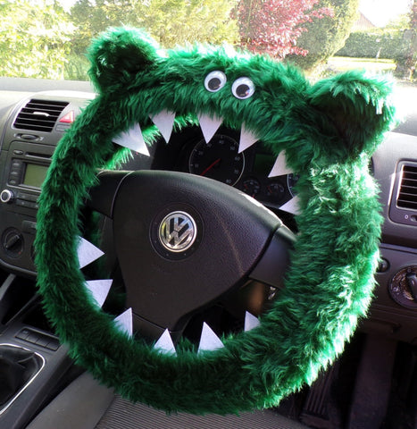Dark Green fuzzy Monster steering wheel cover