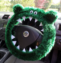 Fuzzy Monster car steering wheel cover Plain faux fur choice of colour Bottle Green