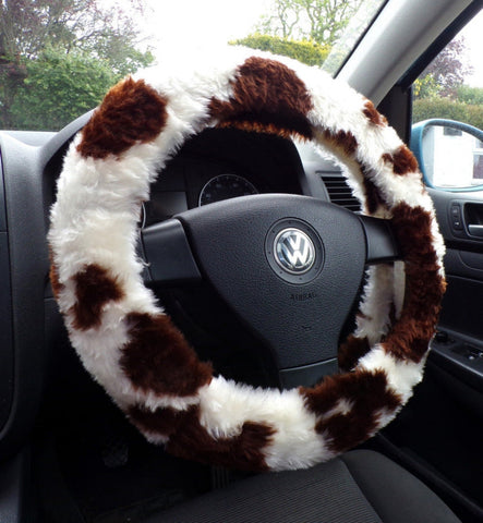 Brown and cream Cow print fuzzy car steering wheel cover