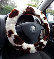 Fuzzy Faux fur Steering wheel cover in a choice of print's brown cow