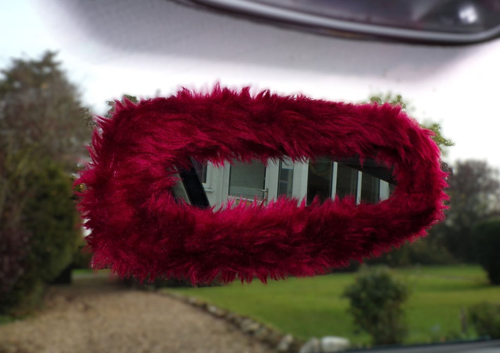 Burgundy red faux fur rear view interior car mirror cover