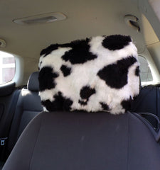 black and white cow print faux fur fuzzy car seat headrest covers