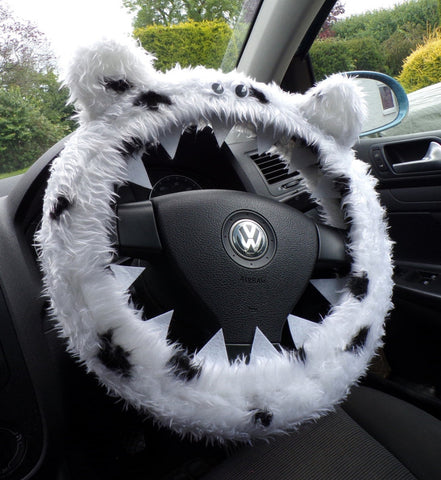 Black and white Dalmatian Spot faux fur fuzzy monster car steering wheel cover