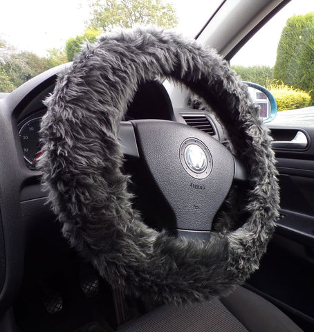 Dark Charcoal Grey fuzzy car steering wheel cover