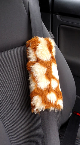 Giraffe print fuzzy faux fur car seatbelt pads 1 pair