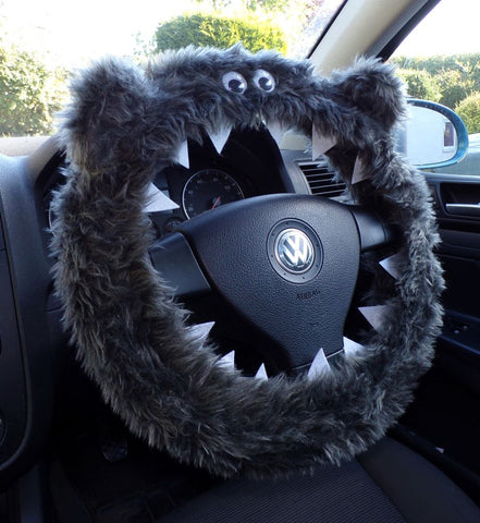 Dark Grey fuzzy monster steering wheel cover