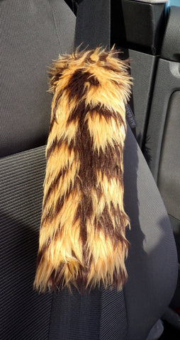 Gold Tiger Stripe fuzzy faux fur seatbelt pads 1 pair