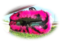 Fuzzy faux fur rear view interior car mirror cover in choice of print Pink tiger