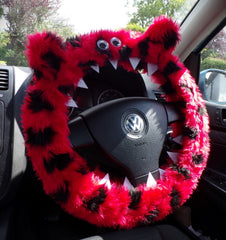 Fuzzy faux fur ladybird red and black spotty monster steering wheel cover