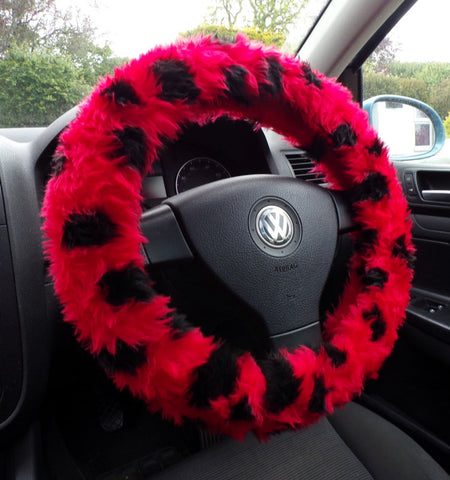 ladybird spot fuzzy faux fur car steering wheel cover