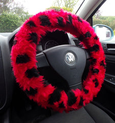 Fuzzy Faux fur Steering wheel cover in a choice of print's ladybird