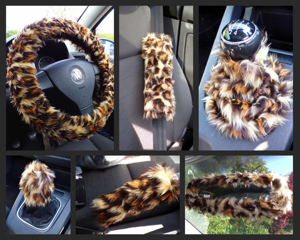 Large 7 Piece leopard print fluffy car accessories set faux fur