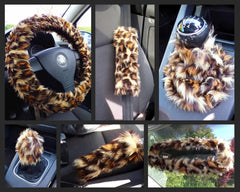 Large 7 Piece leopard print fluffy car accessories set faux fur