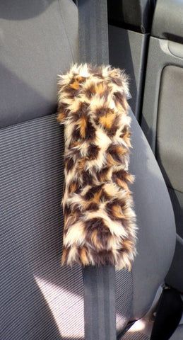 Leopard print faux fur car seatbelt pads 1 pair