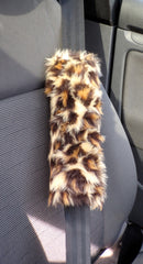 Large 7 Piece leopard print fluffy car accessories set faux fur